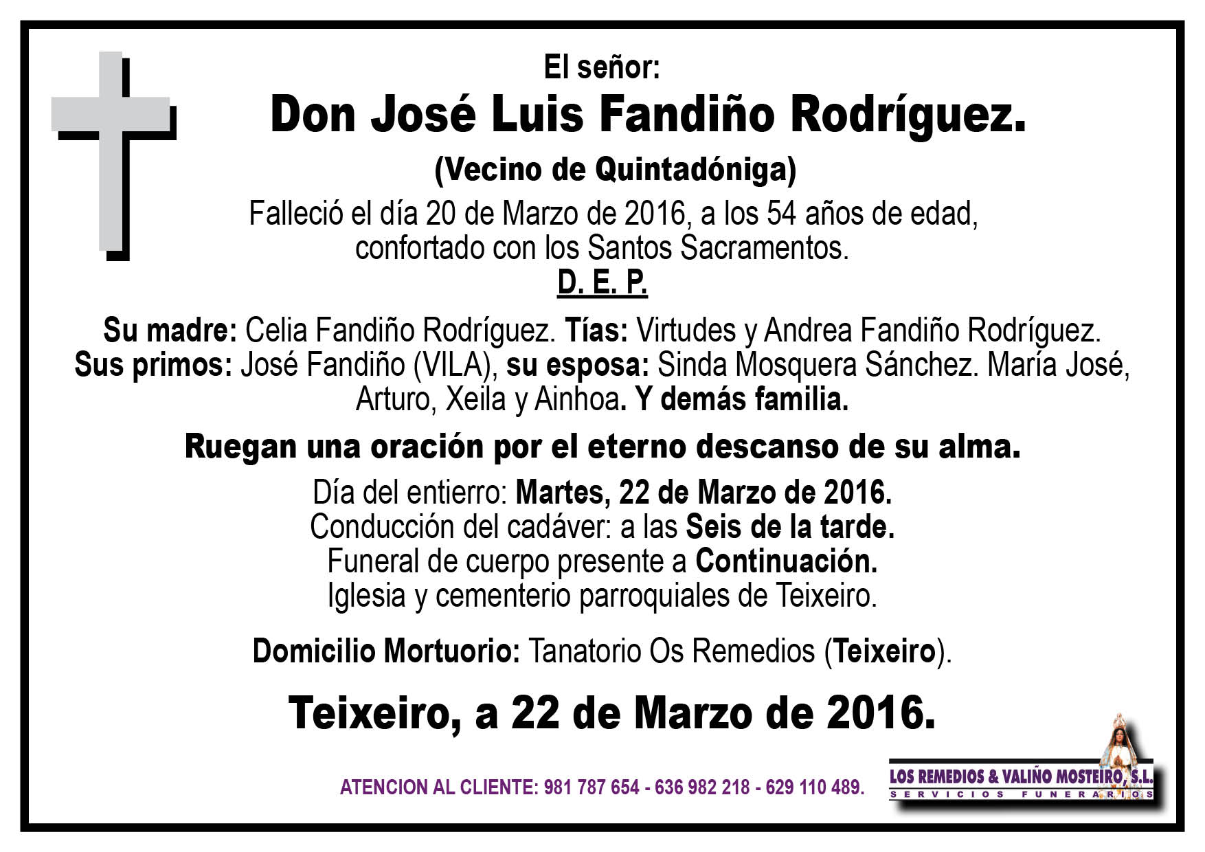 Esquela de José Luis Fandiño Rodríguez.